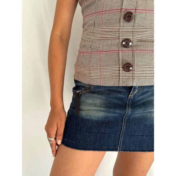 y2k vintage GUESS jeans preppy brown plaid button up strapless tube crop top - Picture 8 of 9